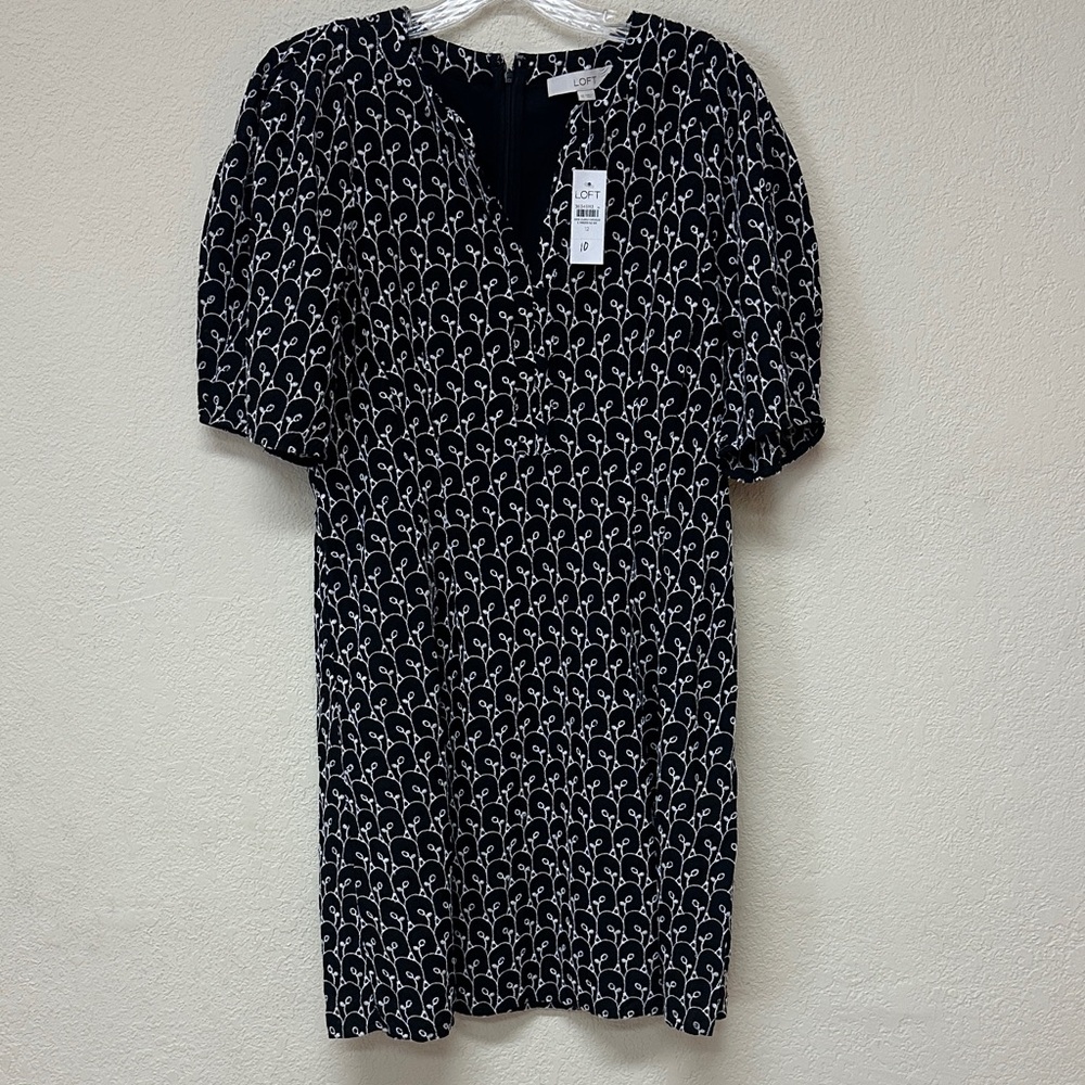 LOFT Black and White Mini Dress with Abstract Floral Print